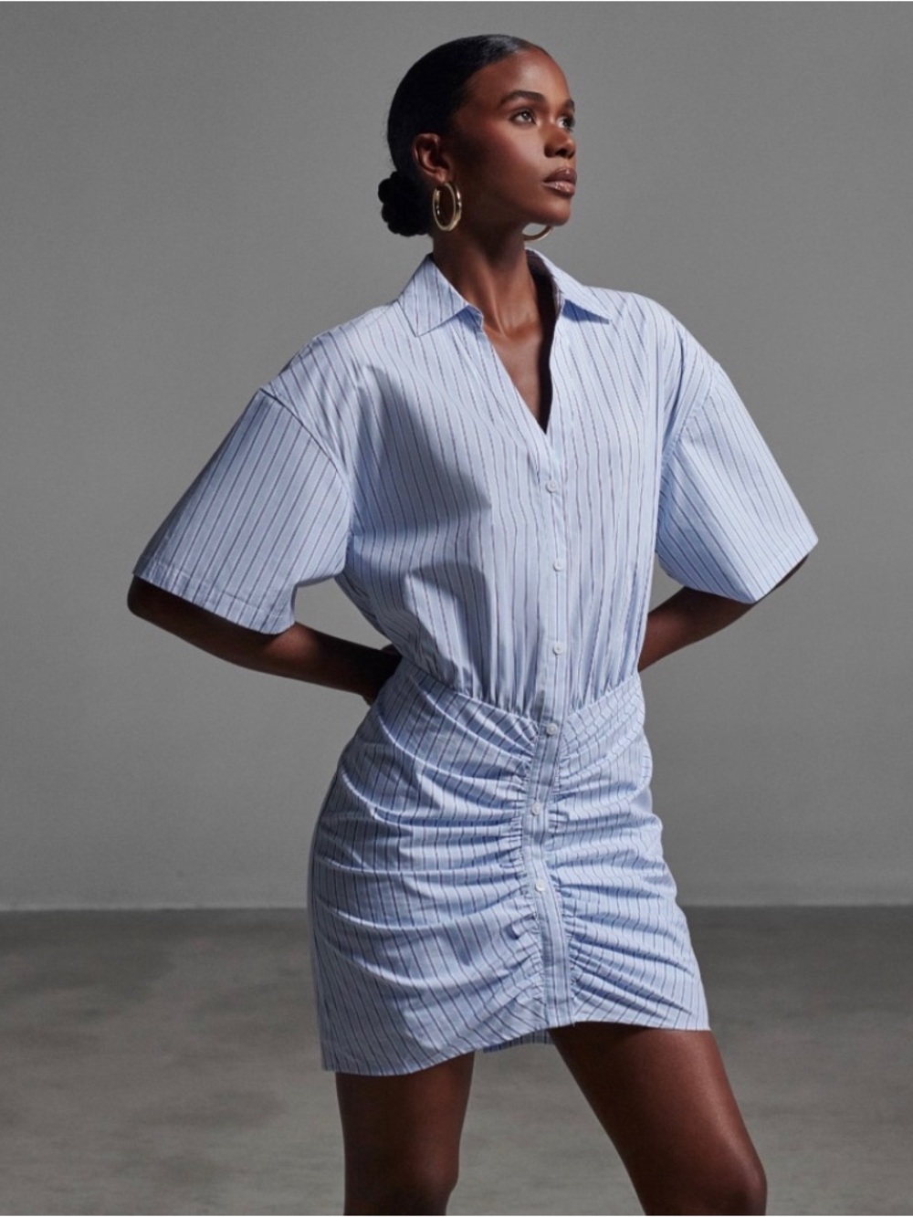 KBB by Kahlana Barfield Brown Striped Ruched Mini Shirt Dress Blue White Size M